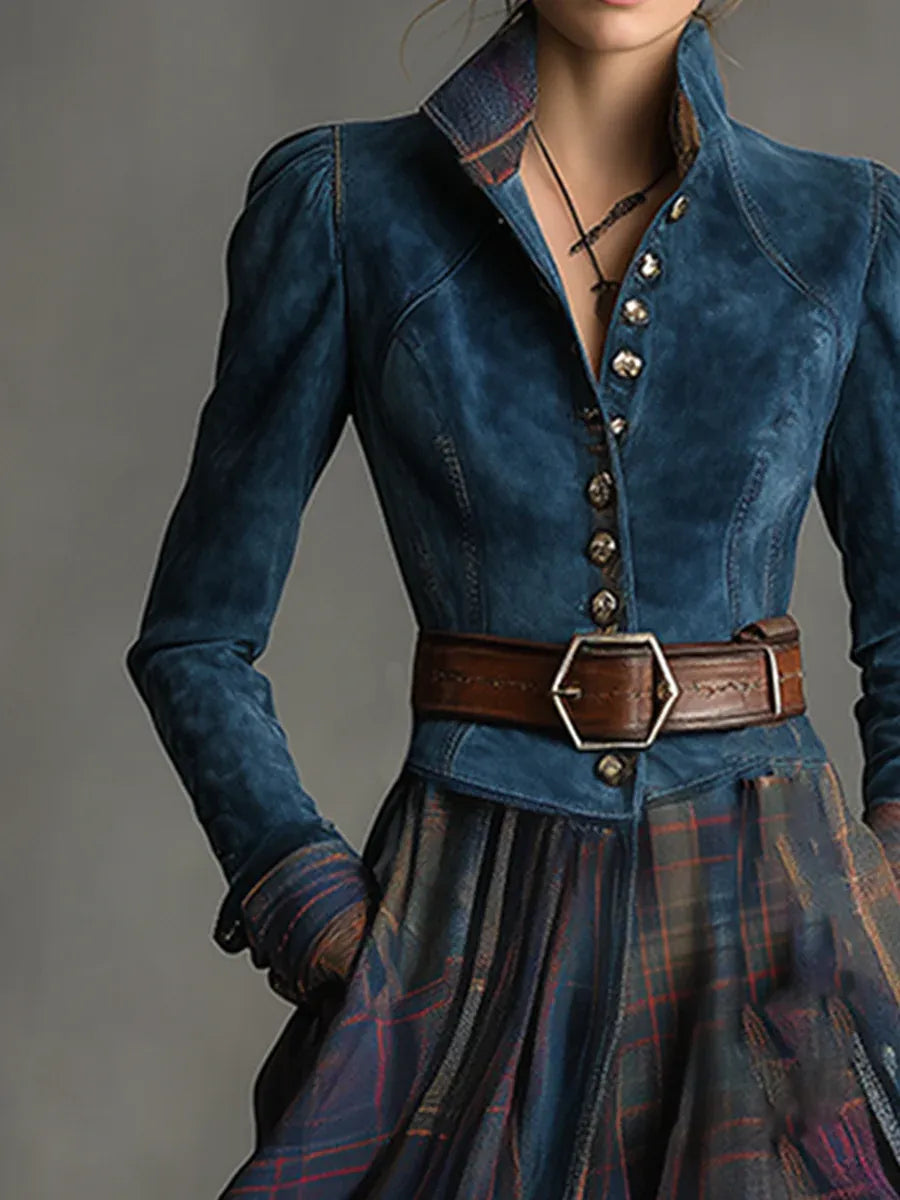 Tracy | Niebieska Sukienka Maxi z Fausz Suede w Kratę